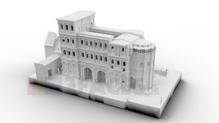 Die Porta Nigra in Trier als 3D-Scan für einen 3D-Druck.
Dieser Scan erfolgte anhand Drohnenaufnahmen und wurde dann mit RealityCapture zu einem 3D-Model berechnet. Das Model zur Ansicht: https://skfb.ly/6YYYW